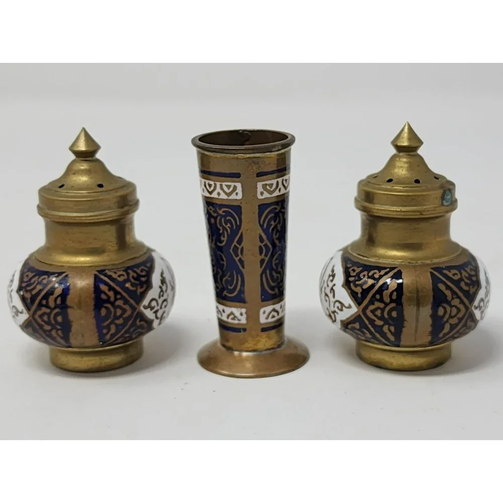 Vintage‎ Brass Gold Salt And Pepper Shakers Tray Toothpick Holder Unmarked